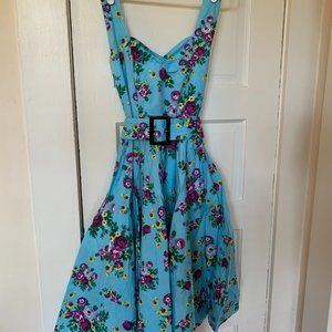 Turquoise and purple floral pinup halter dress by Hell Bunny (S)